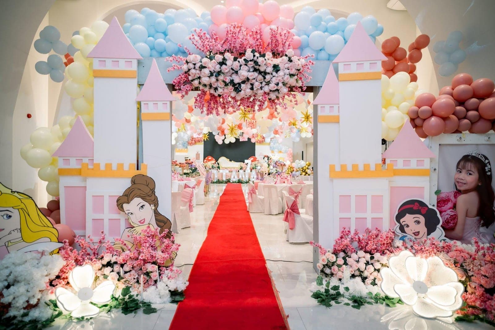 Princess castle themed birthday with a red carpet entrance